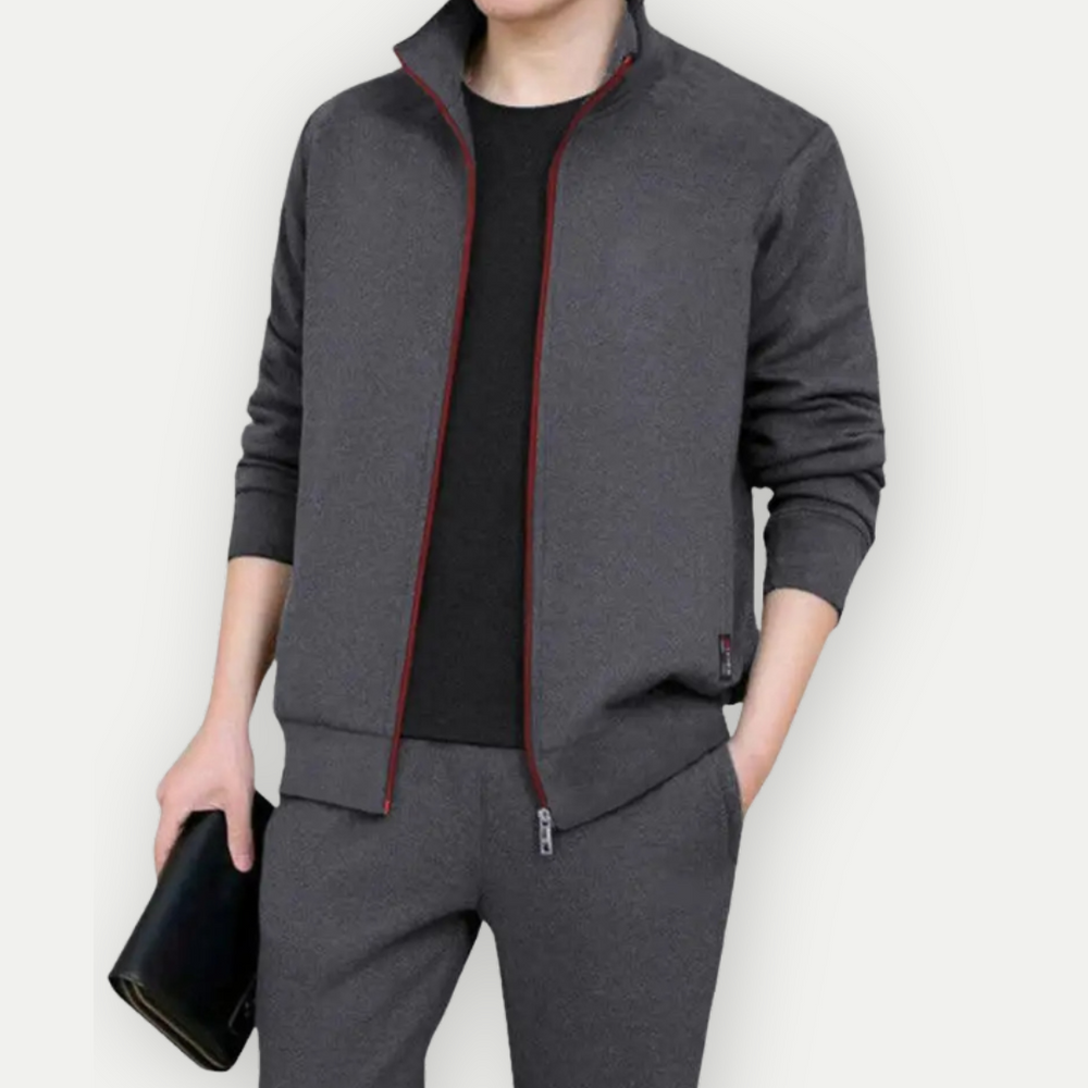 "Herren Zip-Up Jacke & Hose Set, grau, elegantes Design, bequemes Activewear für Fitness & Freizeit, vielseitig einsetzbar."
