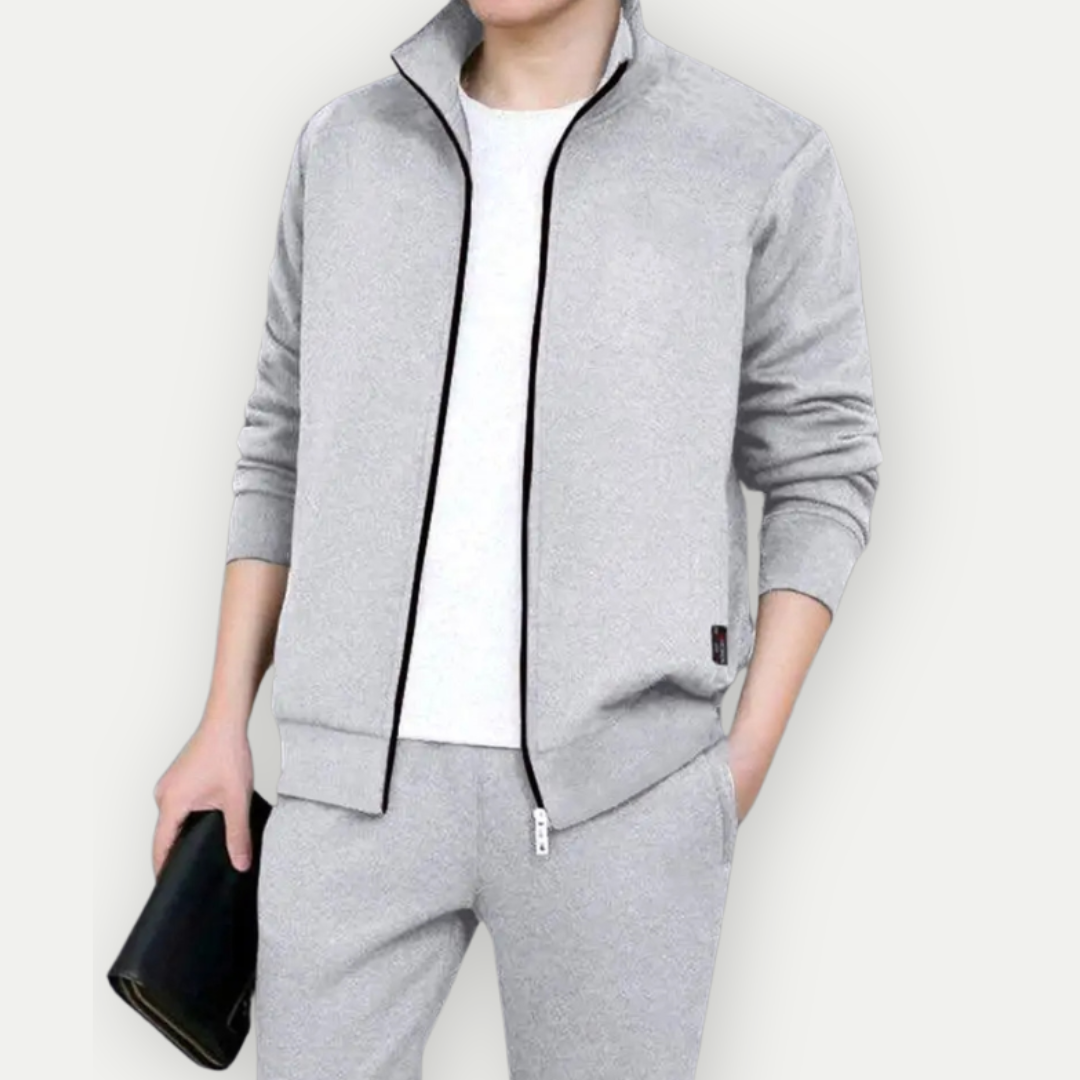 "Herren Zip-Up Jacke & Hose Set, grau, elegantes Design, bequemes Activewear für Fitness & Freizeit, vielseitig einsetzbar."