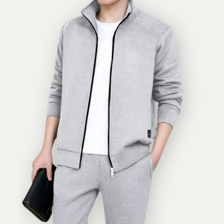 "Herren Zip-Up Jacke & Hose Set, grau, elegantes Design, bequemes Activewear für Fitness & Freizeit, vielseitig einsetzbar."