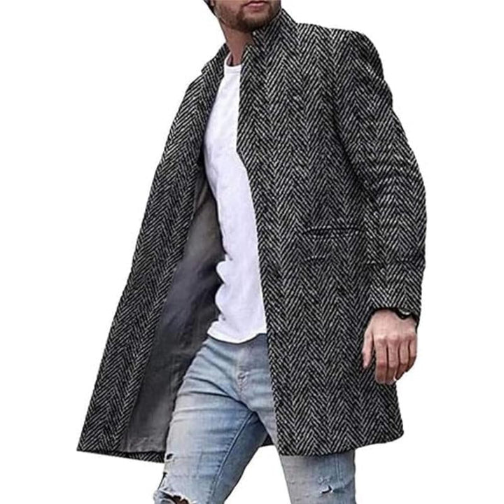 "Herrenmantel Fischgrätmuster, Stehkragen, elegantes Design, zeitlos, formeller und lässiger Stil, Knopfverschluss, Taschen."