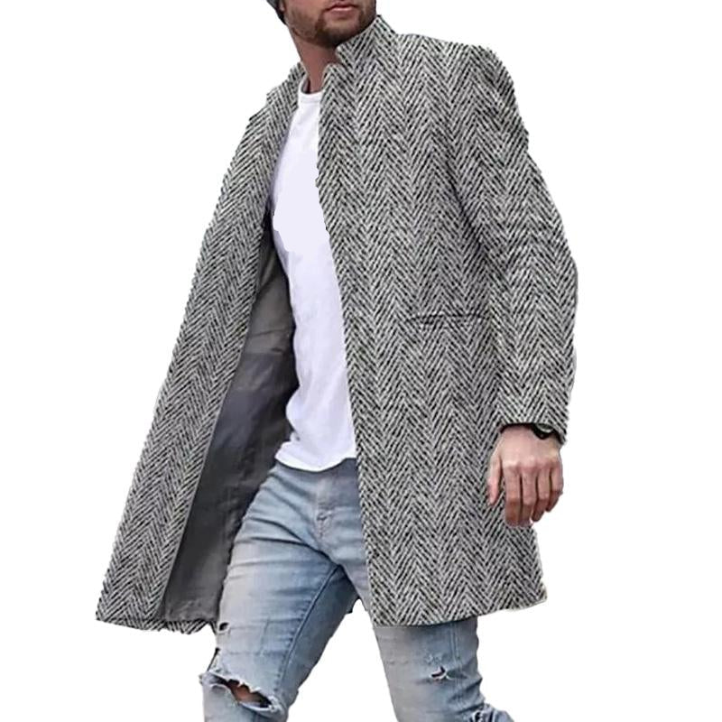 "Herrenmantel Fischgrätmuster, Stehkragen, elegantes Design, zeitlos, formeller und lässiger Stil, Knopfverschluss, Taschen."