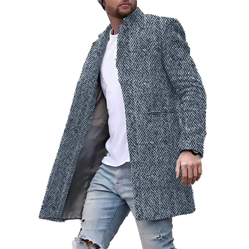 "Herrenmantel Fischgrätmuster, Stehkragen, elegantes Design, zeitlos, formeller und lässiger Stil, Knopfverschluss, Taschen."