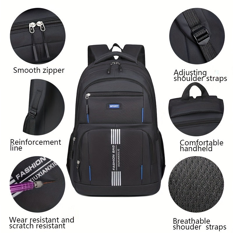 "Herrenrucksack mit Laptopfach, erg. verstellbare Schulterriemen. Frontansicht, blau. Perfekt für Büro & Reisen."