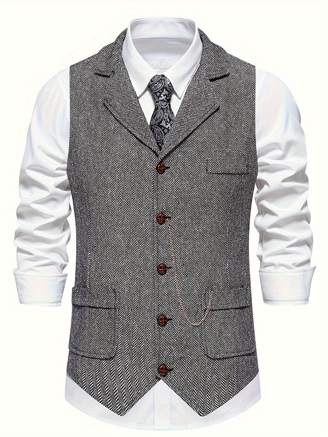 "Herrrenweste mit Fischgrätmuster für elegante Herren, schmale Passform, ideal für formelle Anlässe, zeitlose Eleganz."