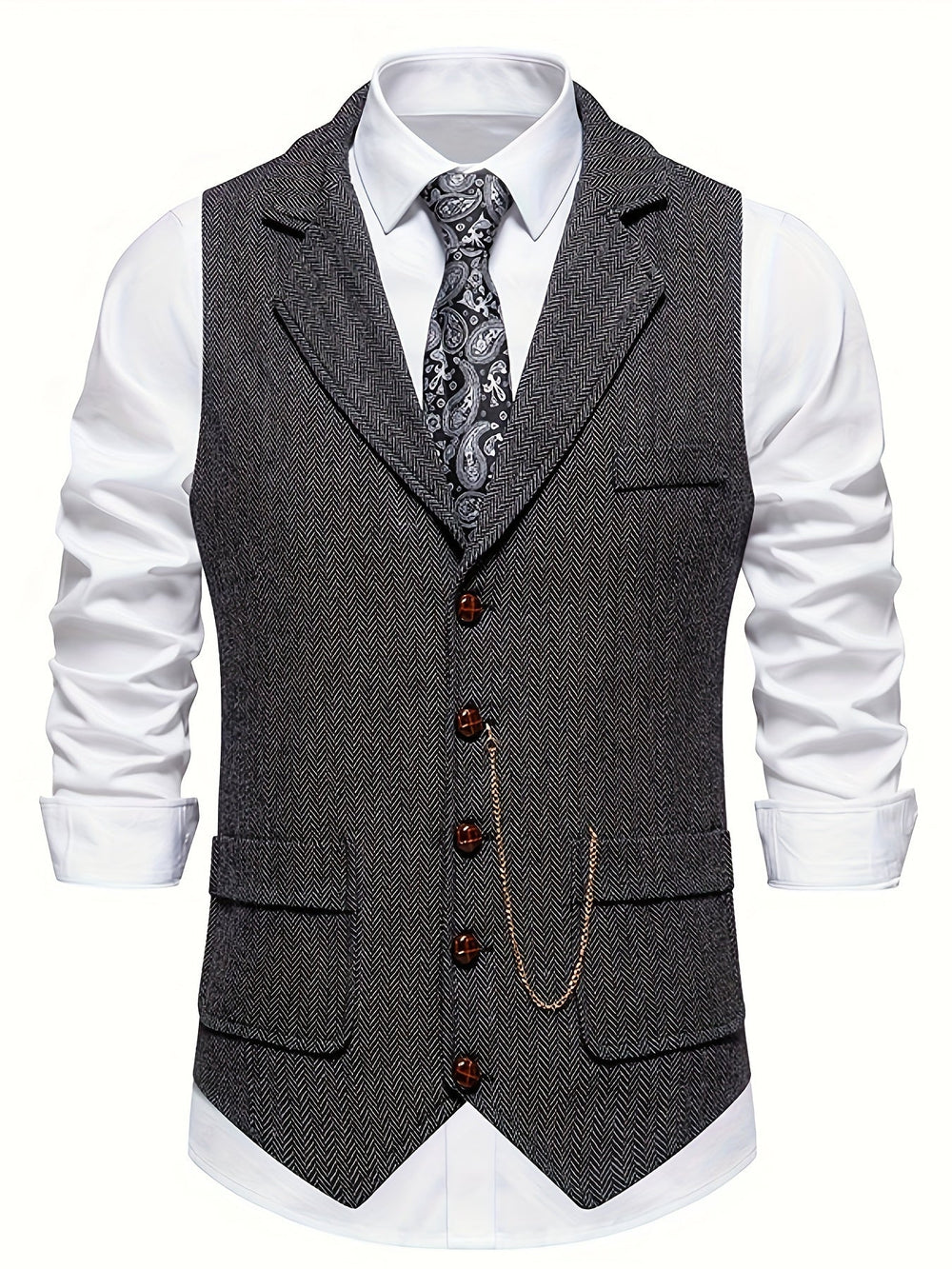 "Herrrenweste mit Fischgrätmuster für elegante Herren, schmale Passform, ideal für formelle Anlässe, zeitlose Eleganz."