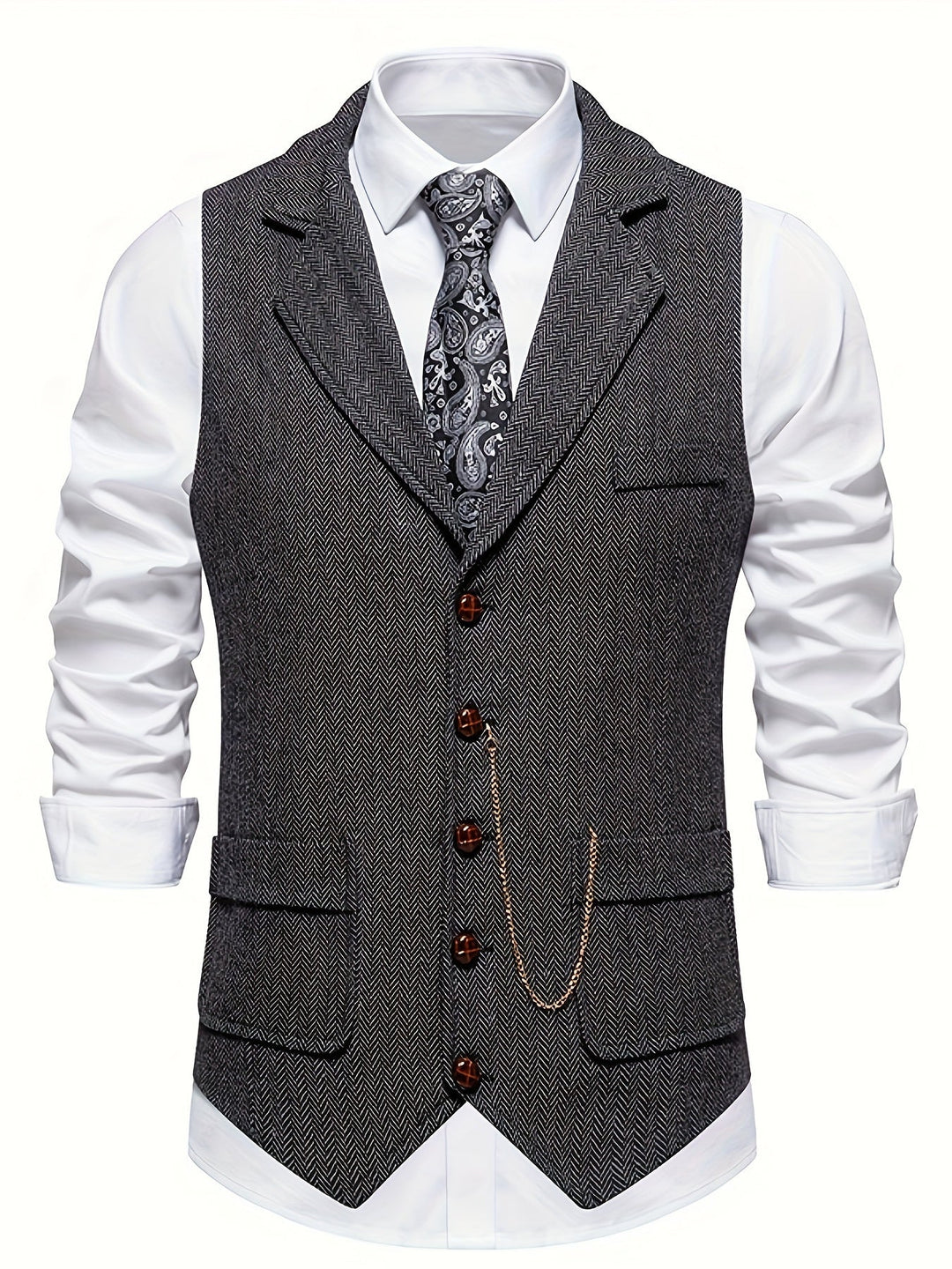 "Herrrenweste mit Fischgrätmuster für elegante Herren, schmale Passform, ideal für formelle Anlässe, zeitlose Eleganz."