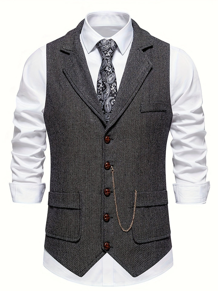 "Herrrenweste mit Fischgrätmuster für elegante Herren, schmale Passform, ideal für formelle Anlässe, zeitlose Eleganz."