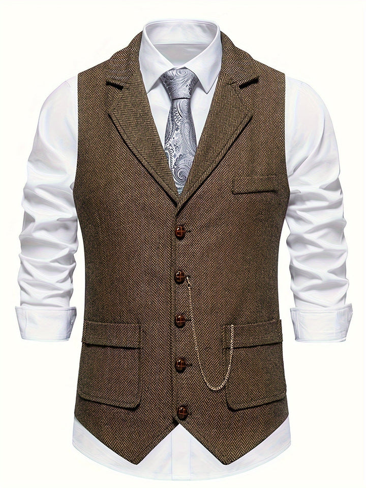 "Herrrenweste mit Fischgrätmuster für elegante Herren, schmale Passform, ideal für formelle Anlässe, zeitlose Eleganz."