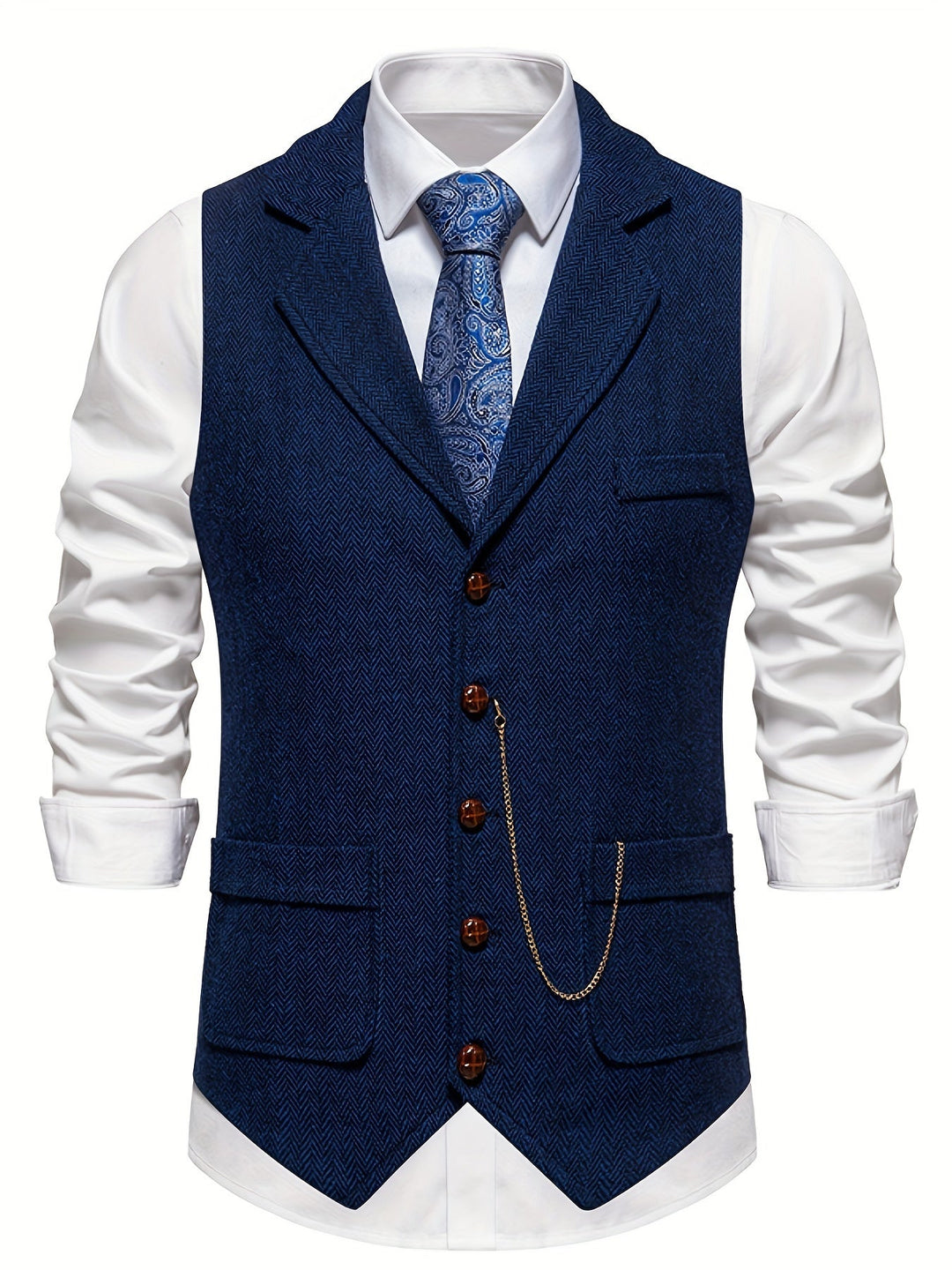 "Herrrenweste mit Fischgrätmuster für elegante Herren, schmale Passform, ideal für formelle Anlässe, zeitlose Eleganz."
