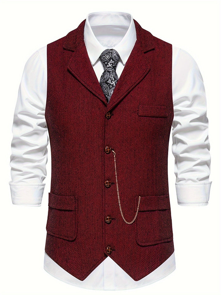 "Herrrenweste mit Fischgrätmuster für elegante Herren, schmale Passform, ideal für formelle Anlässe, zeitlose Eleganz."