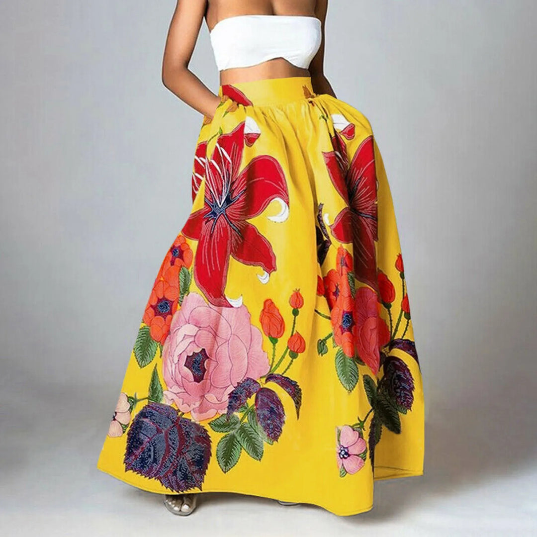 "Hochtaillierter Damen Maxi-Rock mit Blumenprint, elegant und fließend für einen femininen Sommerlook."