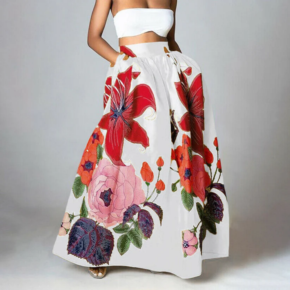 "Hochtaillierter Damen Maxi-Rock mit Blumenprint, elegant und fließend für einen femininen Sommerlook."
