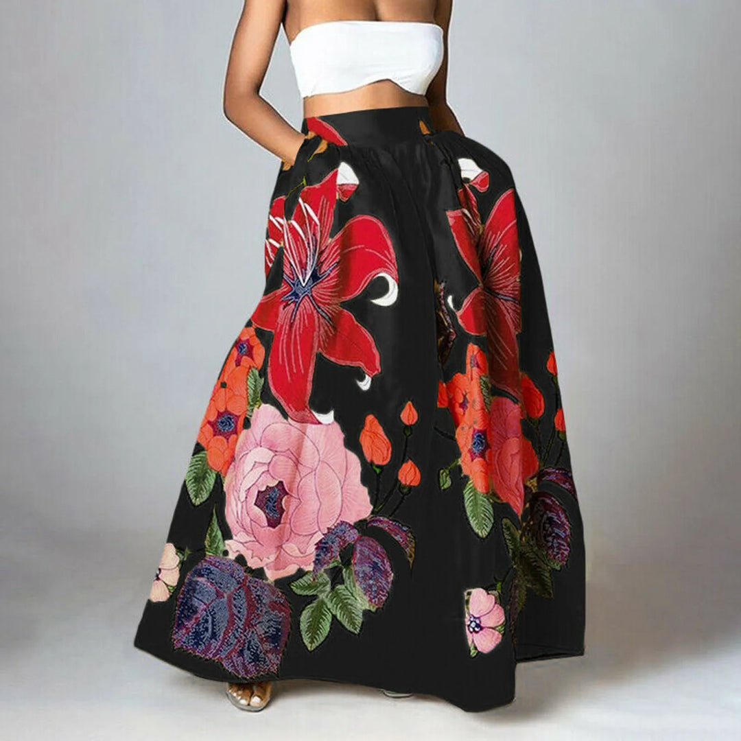 "Hochtaillierter Damen Maxi-Rock mit Blumenprint, elegant und fließend für einen femininen Sommerlook."