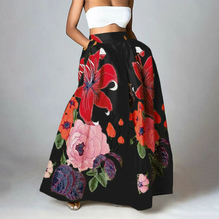 "Hochtaillierter Damen Maxi-Rock mit Blumenprint, elegant und fließend für einen femininen Sommerlook."