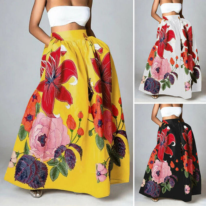 "Hochtaillierter Damen Maxi-Rock mit Blumenprint, elegant und fließend für einen femininen Sommerlook."