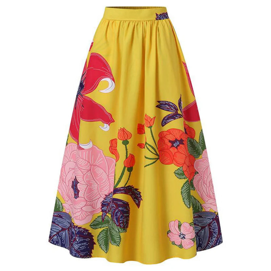 "Hochtaillierter Damen Maxi-Rock mit Blumenprint, elegant und fließend für einen femininen Sommerlook."