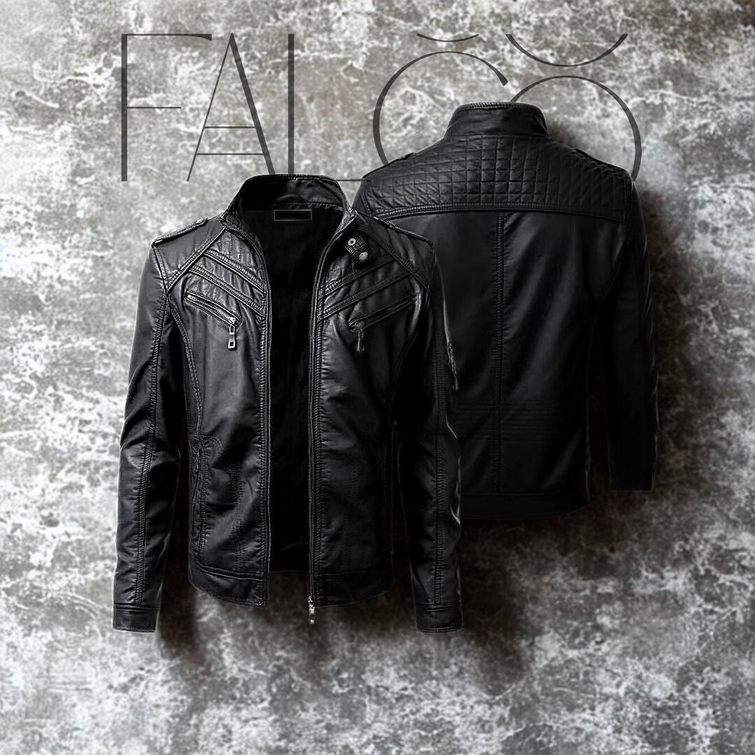 "Hochwertige Falco Lederjacke mit abnehmbarer Kapuze, wasserabweisend, vielseitiges Design für Herren, elegantes Aussehen."