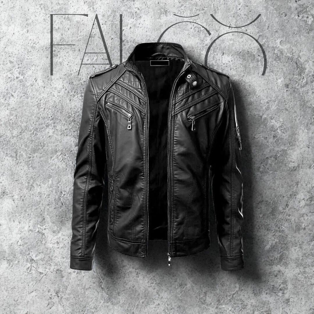 "Hochwertige Falco Lederjacke mit abnehmbarer Kapuze, wasserabweisend, vielseitiges Design für Herren, elegantes Aussehen."