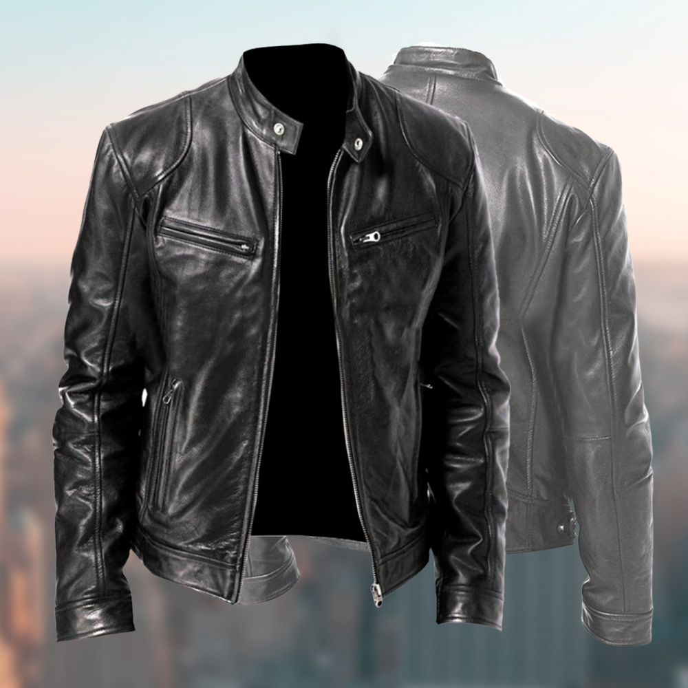 "Hochwertige Herren Lederjacke vorn, elegant, weich, zeitloses Design, ideal für stilvolle Anlässe, klassisch Schwarz."