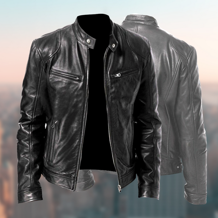 "Hochwertige Herren Lederjacke vorn, elegant, weich, zeitloses Design, ideal für stilvolle Anlässe, klassisch Schwarz."