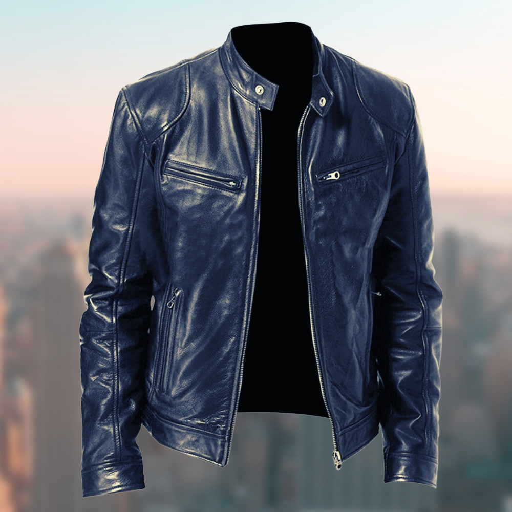 "Hochwertige Herren Lederjacke vorn, elegant, weich, zeitloses Design, ideal für stilvolle Anlässe, klassisch Schwarz."