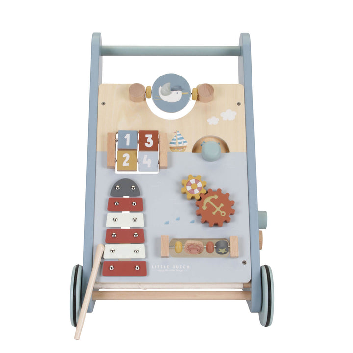 "Holz-Aktivitäts-Babywalker, unterstützt erste Schritte, bunte Spielstationen, robuste Bauweise, gummierte Räder, ideal ab 12