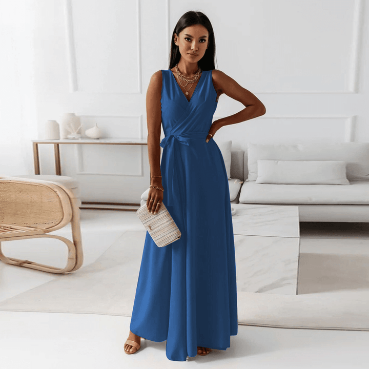 Damen Einfarbiges Langkleid mit V-Ausschnitt