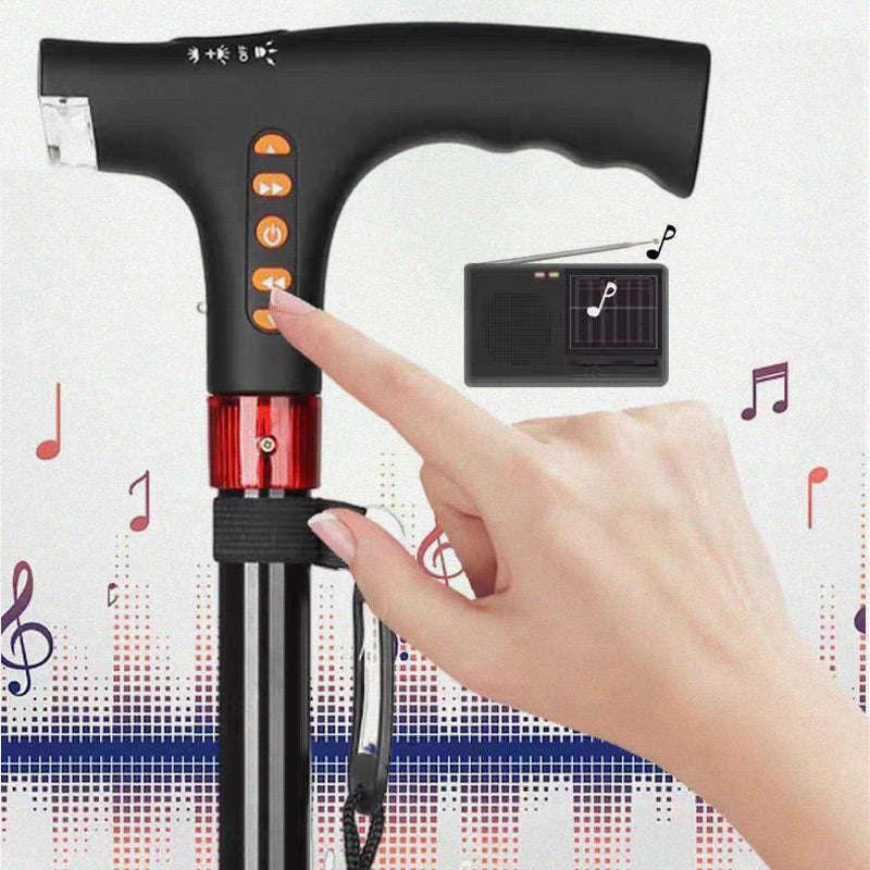 Intelligenter Spazierstock für Senioren, elegant schwarz, mit LED-Licht, Radiofunktion und Notfall.Länge einstellbar.