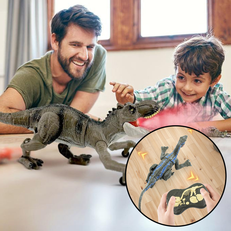 "Interaktiver RoboRex Dinosaurier mit LEDs und Nebelspray seitlich, ferngesteuertes Spielzeug für lebensechte Spielmomente."