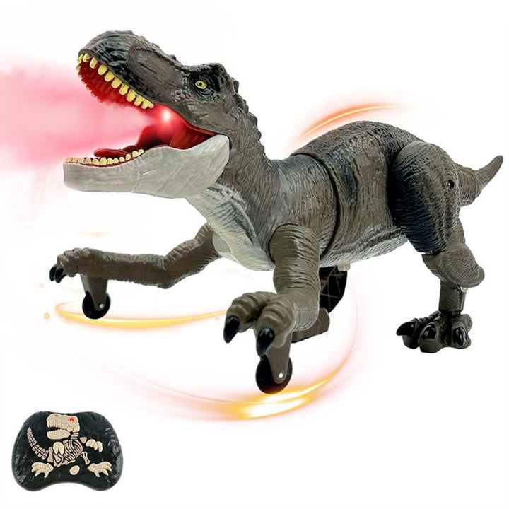 "Interaktiver RoboRex Dinosaurier mit LEDs und Nebelspray seitlich, ferngesteuertes Spielzeug für lebensechte Spielmomente."