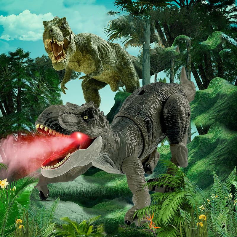 "Interaktiver RoboRex Dinosaurier mit LEDs und Nebelspray seitlich, ferngesteuertes Spielzeug für lebensechte Spielmomente."