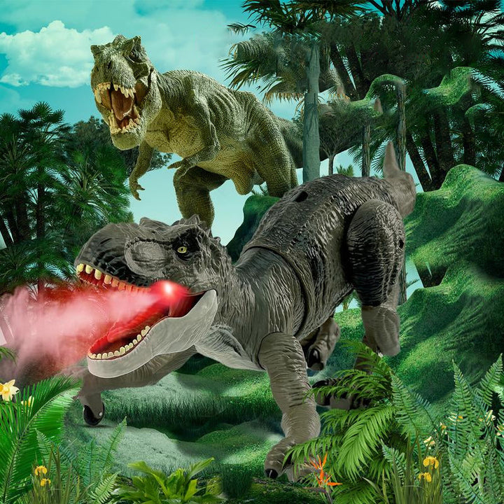 "Interaktiver RoboRex Dinosaurier mit LEDs und Nebelspray seitlich, ferngesteuertes Spielzeug für lebensechte Spielmomente."