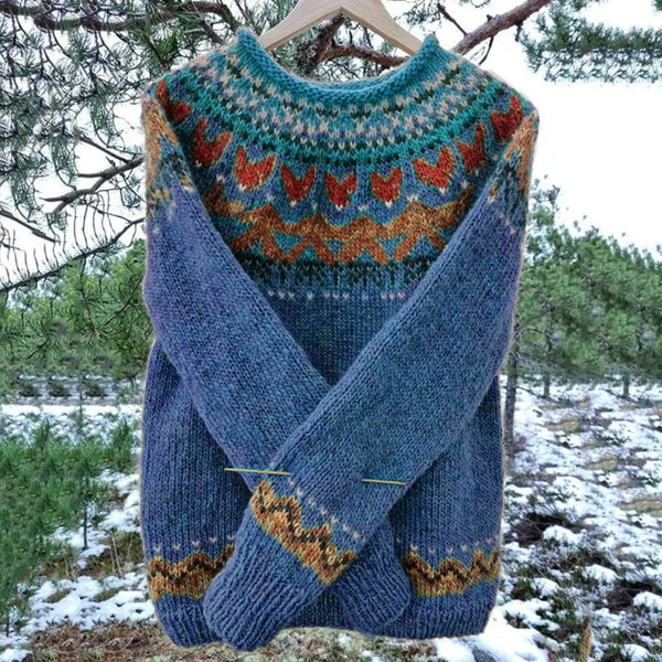 "Isländischer Vintage-Strickpullover, klassisch-modern, blaue und braune Muster, Vorderansicht, komfortabler Damenpullover"