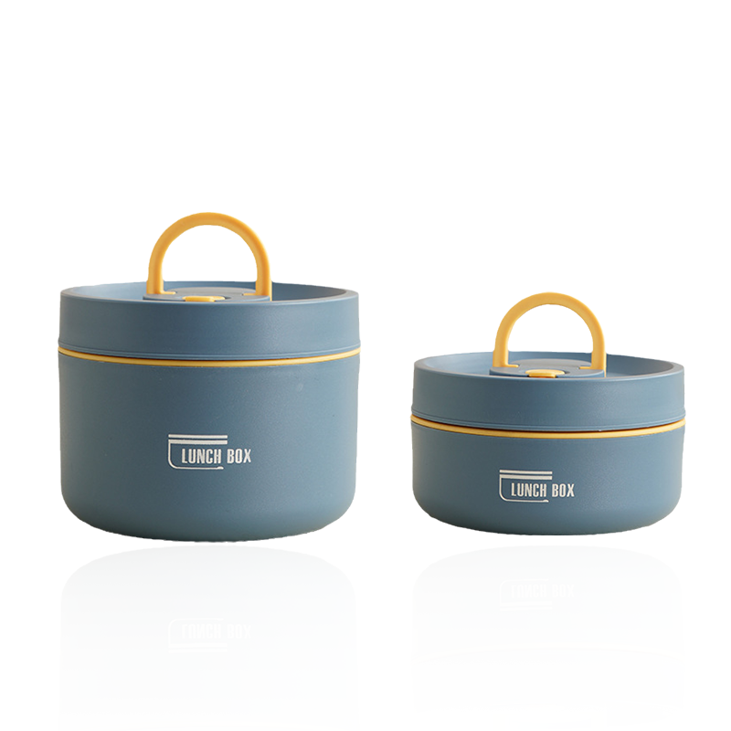 "Isolierte mehrschichtige Lunchbox aus Edelstahl, rund gestapelt und vorne abgebildet, ideal für warme Speisen unterwegs."