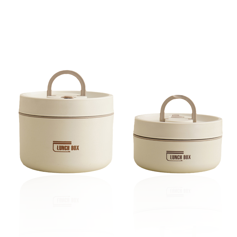 "Isolierte mehrschichtige Lunchbox aus Edelstahl, rund gestapelt und vorne abgebildet, ideal für warme Speisen unterwegs."