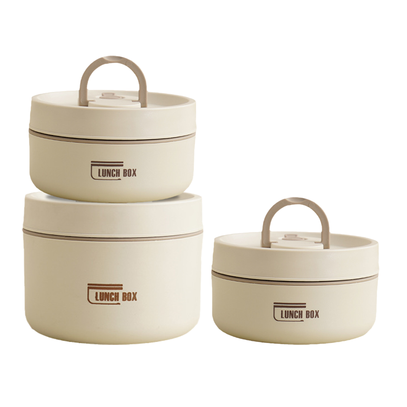 "Isolierte mehrschichtige Lunchbox aus Edelstahl, rund gestapelt und vorne abgebildet, ideal für warme Speisen unterwegs."