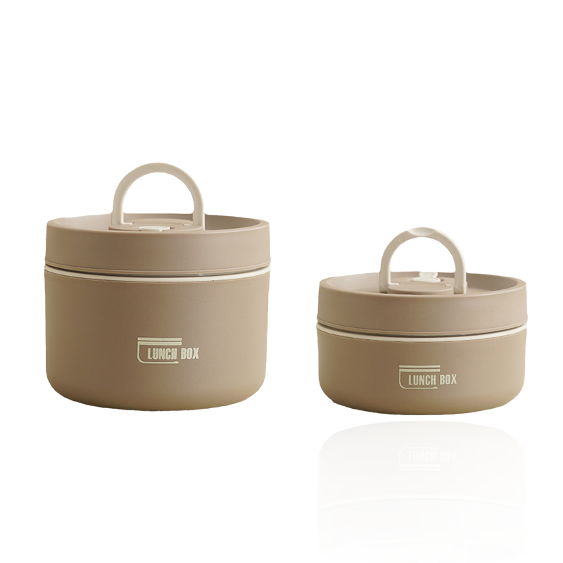 "Isolierte mehrschichtige Lunchbox aus Edelstahl, rund gestapelt und vorne abgebildet, ideal für warme Speisen unterwegs."