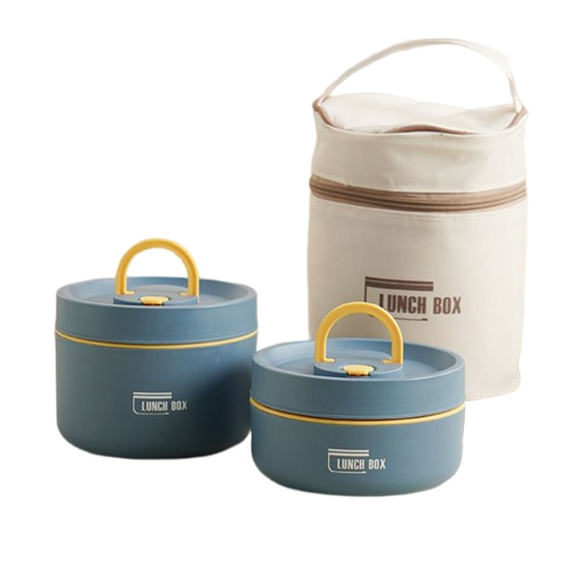 "Isolierte mehrschichtige Lunchbox aus Edelstahl, rund gestapelt und vorne abgebildet, ideal für warme Speisen unterwegs."