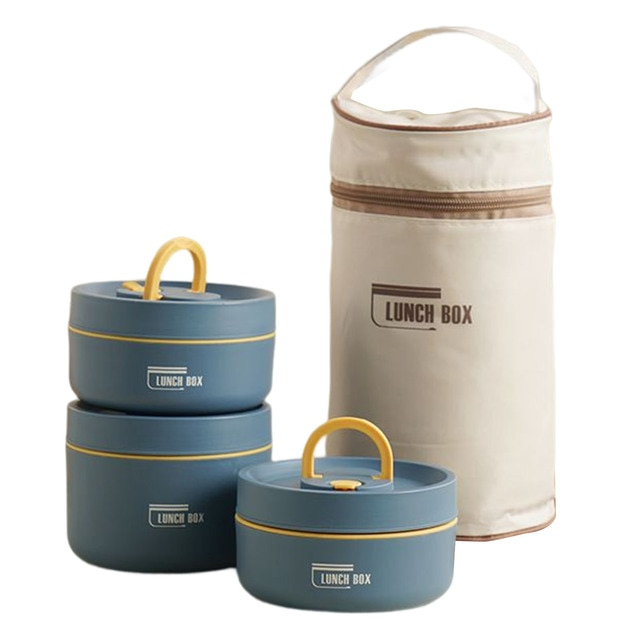 "Isolierte mehrschichtige Lunchbox aus Edelstahl, rund gestapelt und vorne abgebildet, ideal für warme Speisen unterwegs."