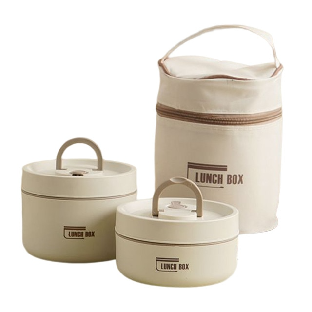 "Isolierte mehrschichtige Lunchbox aus Edelstahl, rund gestapelt und vorne abgebildet, ideal für warme Speisen unterwegs."