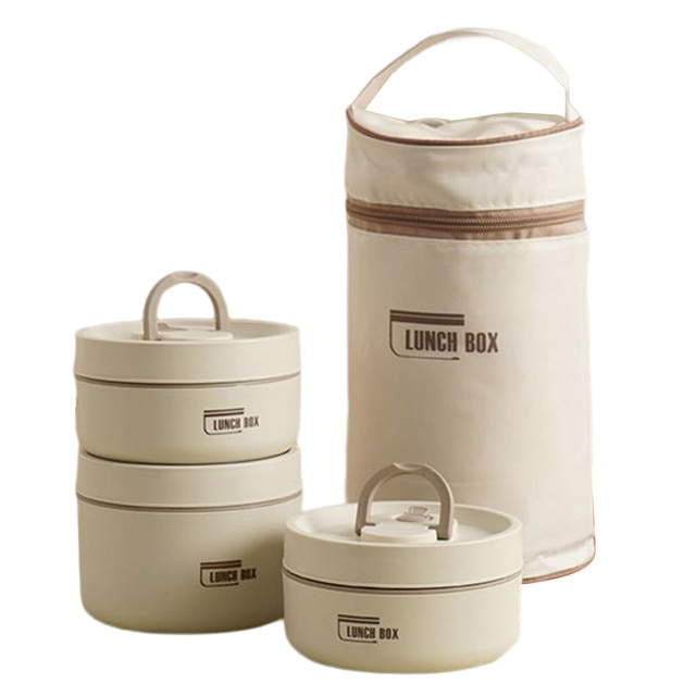 "Isolierte mehrschichtige Lunchbox aus Edelstahl, rund gestapelt und vorne abgebildet, ideal für warme Speisen unterwegs."