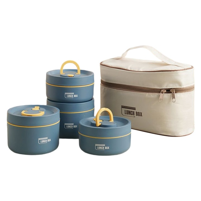 "Isolierte mehrschichtige Lunchbox aus Edelstahl, rund gestapelt und vorne abgebildet, ideal für warme Speisen unterwegs."