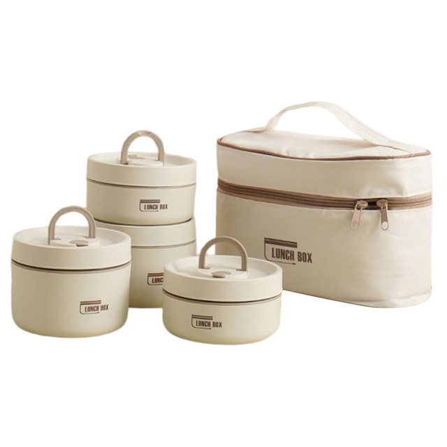 "Isolierte mehrschichtige Lunchbox aus Edelstahl, rund gestapelt und vorne abgebildet, ideal für warme Speisen unterwegs."