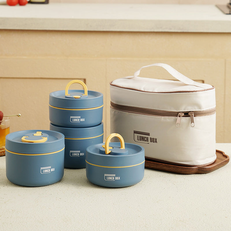 "Isolierte mehrschichtige Lunchbox aus Edelstahl, rund gestapelt und vorne abgebildet, ideal für warme Speisen unterwegs."