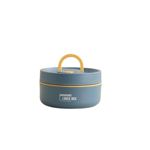 "Isolierte mehrschichtige Lunchbox aus Edelstahl, rund gestapelt und vorne abgebildet, ideal für warme Speisen unterwegs."