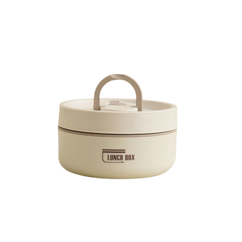 "Isolierte mehrschichtige Lunchbox aus Edelstahl, rund gestapelt und vorne abgebildet, ideal für warme Speisen unterwegs."