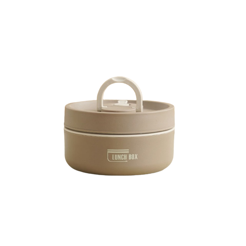 "Isolierte mehrschichtige Lunchbox aus Edelstahl, rund gestapelt und vorne abgebildet, ideal für warme Speisen unterwegs."