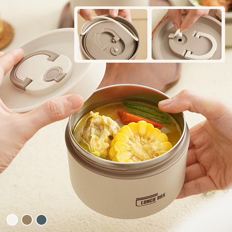 "Isolierte mehrschichtige Lunchbox aus Edelstahl, rund gestapelt und vorne abgebildet, ideal für warme Speisen unterwegs."