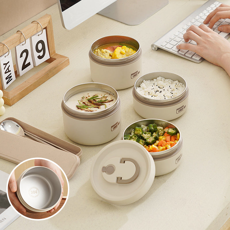 "Isolierte mehrschichtige Lunchbox aus Edelstahl, rund gestapelt und vorne abgebildet, ideal für warme Speisen unterwegs."