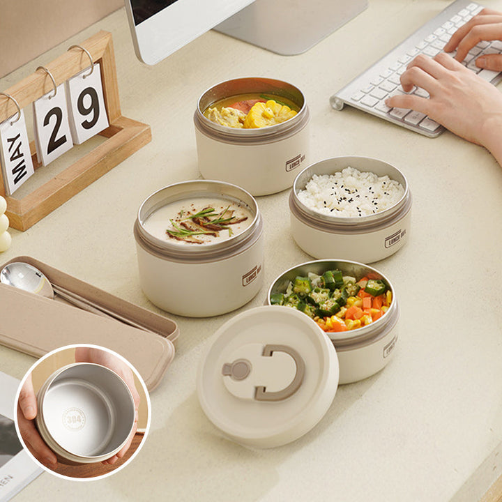 "Isolierte mehrschichtige Lunchbox aus Edelstahl, rund gestapelt und vorne abgebildet, ideal für warme Speisen unterwegs."
